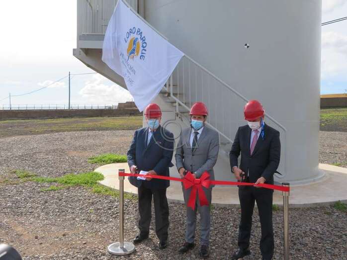 El alcalde de Telde, Héctor Suárez, junto a los máximos responsables de Loro Parque, ayer a los pies del aerogenerador/TA.